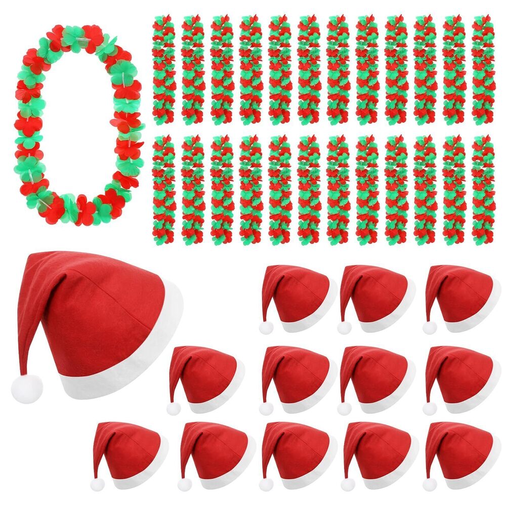 2930 12 Pcs Santa Hats Bulk & 36 Pcs Christmas Leis Set, Non-Woven Santa